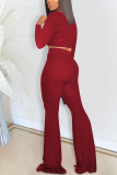 Rouge mode décontracté adulte madame solide deux pièces costumes ample à manches longues deux pièces