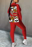 Red Fashion Casual adult Ma'am Patchwork Print Two Piece Suits pencil Long Sleeve Two Pieces
