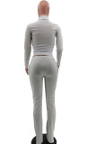 White Blends Solid Zippered Straight Long Sleeve Two Pieces