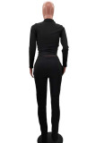 Black Blends Solid Zippered Straight Long Sleeve Two Pieces