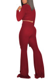 Rode mode casual volwassen mevrouw effen tweedelige pakken losse twee stukken met lange mouwen