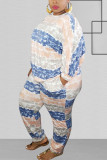 Blue Fashion Sexy adult Ma'am O Neck Striped Two Piece Suits Stripe Plus Size