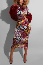 Maglia con stampa leopardata Sexy O collo Leopard stampa floreale Tie Dye cerniera lampo modello Plus Size