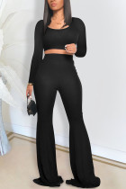 Zwarte mode casual volwassen mevrouw effen tweedelige pakken losse twee stukken met lange mouwen
