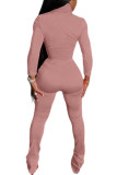 ピンクファッションカジュアル大人奥様ストライプパッチワークツーピーススーツストレート長袖ツーピース