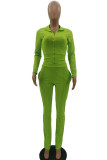 Green Blends Solid Zippered Straight Long Sleeve Two Pieces