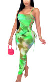 Зеленая сексуальная скользящая юбка без рукавов на бретельках длиной до щиколотки, сетчатая повязка с принтом, перспективные платья с вырезами