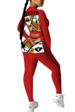 Trajes de dos piezas con estampado de telas combinadas para mujer, informal, de moda, color rojo, lápiz, manga larga, dos piezas