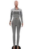 Grey Blends Solid Zippered Straight Long Sleeve Two Pieces