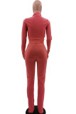Pink Blends Solid Zippered Straight Long Sleeve Two Pieces