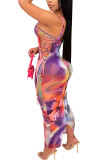 fuchsia Sexy Spaghetti Strap Sleeveless Slip Step Skirt Ankle-Length Print Mesh bandage perspective hollow out Dresses