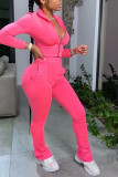 Pink Blends Solid Zippered Straight Long Sleeve Two Pieces