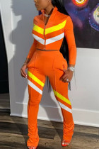 Oranje mode casual volwassen mevrouw gestreept patchwork tweedelige pakken rechte twee stukken met lange mouwen