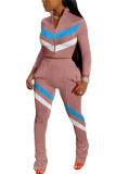 Pink Fashion Casual adult Ma'am Striped Patchwork Two Piece Suits Straight Long Sleeve Two Pieces