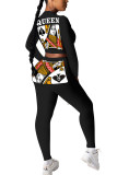 Black Fashion Casual adult Ma'am Patchwork Print Two Piece Suits pencil Long Sleeve Two Pieces
