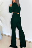 Verde escuro moda casual adulto senhora sólida ternos de duas peças solto manga longa duas peças