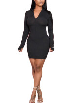 Black Casual Long Sleeves V Neck Pencil Dress Mini Embroidery Solid Dresses