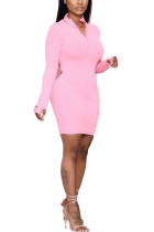 Розовое повседневное платье-карандаш с длинными рукавами и V-образным вырезом Мини-платья с вышивкой