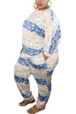 Синий модный сексуальный костюм для взрослых Ma'am с круглым вырезом в полоску, костюмы из двух предметов в полоску, большие размеры