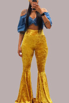 Yellow Elastic Fly High Solid Boot Cut Pants Bottoms