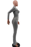 Grey Blends Solid Zippered Straight Long Sleeve Two Pieces
