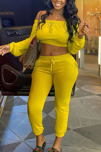 Желтый модный активный взрослый мэм, воротник с одним словом, однотонные костюмы из двух предметов с вышивкой, большие размеры