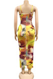 Yellow Sexy Spaghetti Strap Sleeveless Slip Step Skirt Ankle-Length Print Mesh bandage perspective hollow out Dresses