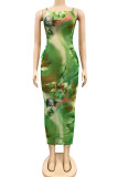 Green Sexy Spaghetti Strap Sleeveless Slip Step Skirt Ankle-Length Print Mesh bandage perspective hollow out Dresses