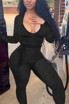 Black Sexy street Solid Polyester Long Sleeve O Neck Jumpsuits