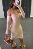 Brown Sexy Off The Shoulder 3/4 Length Sleeves Wrapped chest Step Skirt Knee-Length Solid Dresses