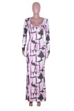 Pink Milk. Street Sleeve Long Sleeves V Neck Step Skirt Ankle-Length Print Dresses