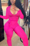 rose red Sexy street Solid Long Sleeve O Neck Jumpsuits