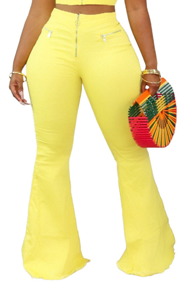Pantalones sueltos con cremallera, color amarillo, bajo, liso, con cremallera