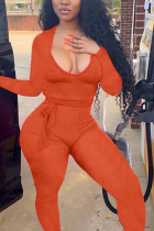 Orange Sexy street Solid Polyester Long Sleeve O Neck Jumpsuits