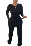Black Fashion Casual adult Ma'am Patchwork Solid Two Piece Suits Straight Long Sleeve Two Pieces