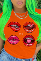 Orange Polyester O Neck Short Sleeve Print Lips Print Tops