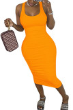 オレンジセクシーなヨーロッパとアメリカノースリーブOネックスリムドレススカート包帯ソリッドドレープドレス