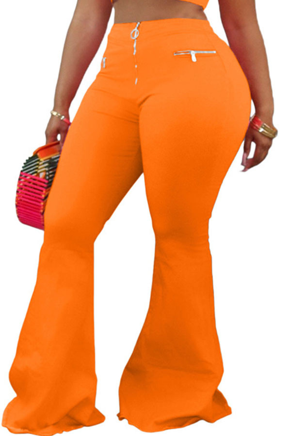 Pantalones sueltos con cremallera, color naranja, bajo, liso, con cremallera