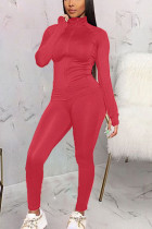 Red Fashion Sexy Active Casual Europe and America Solid Straight Long Sleeve Two Pieces