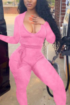 Pink Sexy street Solid Polyester Long Sleeve O Neck Jumpsuits