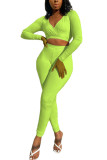 Флуоресцентно-зеленый модный повседневный однотонный костюм-двойка для взрослых, мэм, костюм-карандаш с длинными рукавами из двух предметов