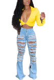 Yellow V Neck Long Sleeve Solid Tops