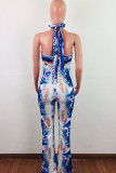 Blue Fashion Sexy Print Tie-dyed Backless Sleeveless O Neck Jumpsuits