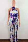 Blue Fashion Sexy Print Tie-dyed Backless Sleeveless O Neck Jumpsuits