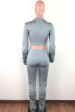 Grey OL Solid Draped crop top Boot Cut Long Sleeve Two Pieces