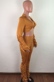 Yellow OL Solid Draped crop top Boot Cut Long Sleeve Two Pieces