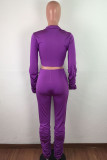 purple OL Solid Draped crop top Boot Cut Long Sleeve Two Pieces