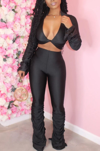 Black OL Solid Draped crop top Boot Cut Long Sleeve Two Pieces