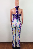 Фиолетовый модный сексуальный комбинезон с принтом и открытой спиной без рукавов и круглым вырезом