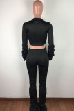 Black OL Solid Draped crop top Boot Cut Long Sleeve Two Pieces